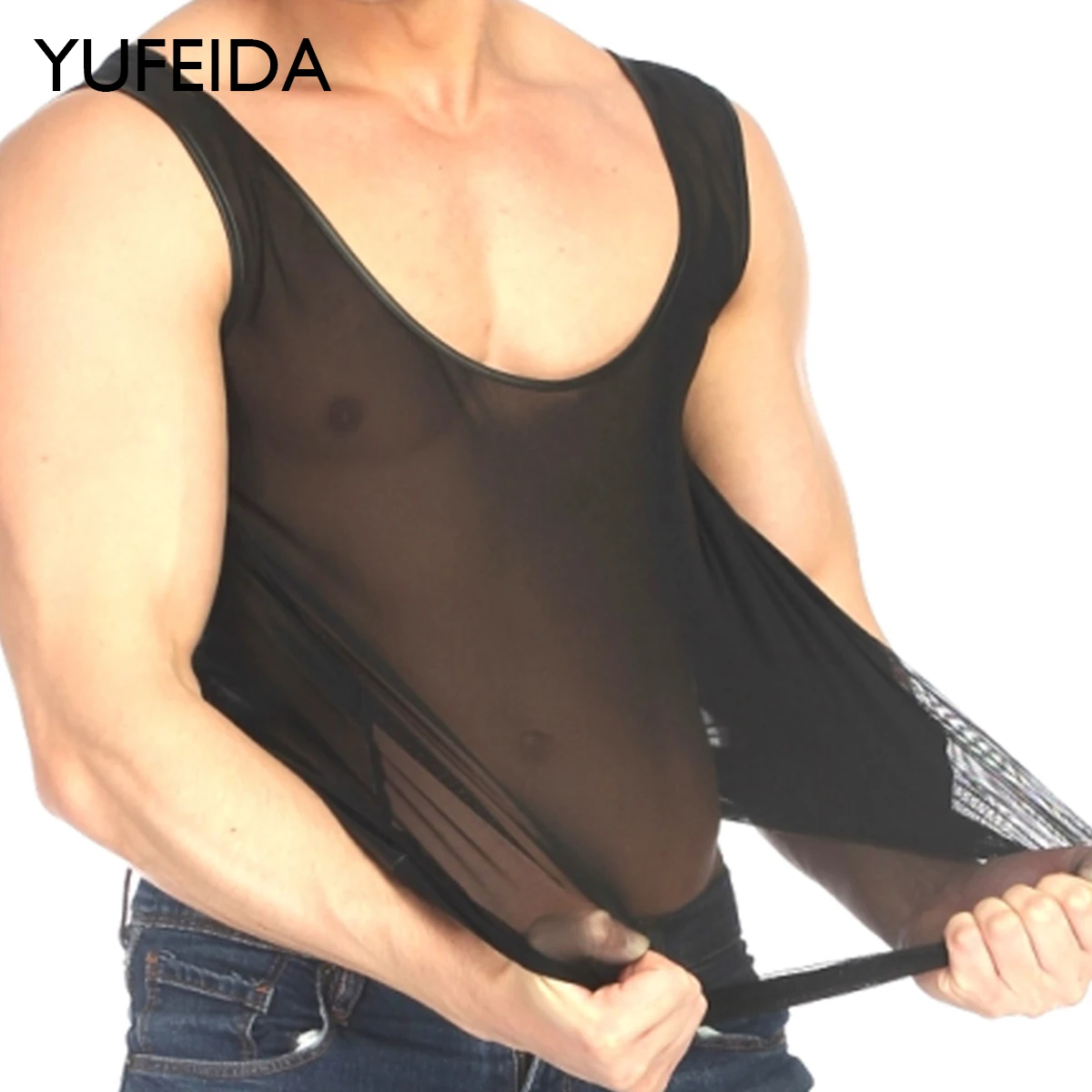 

YUFEIDA Mesh Sheer Sexy Men Tank Tops Sleepwear Man See Through Gym Muscle Vest Sleeveless Tees Underwear Male Vests Transparent