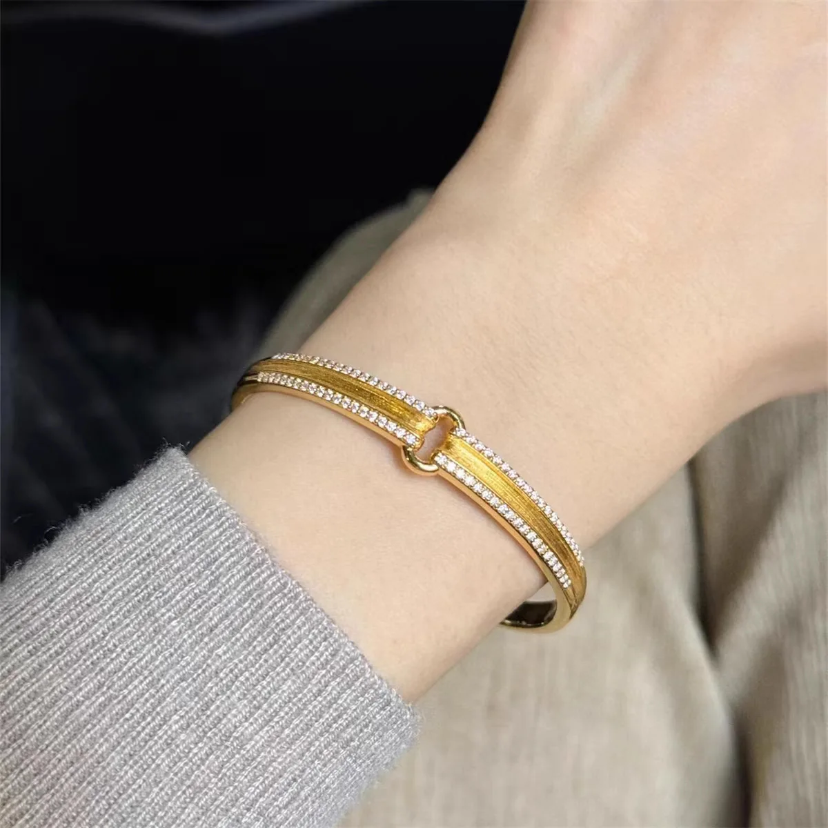 24K Gold AU999 Wheat & Diamond Bracelet & Ring Set, Filigree Woven Jewelry with Secure Clasp, Luxury Gift Box