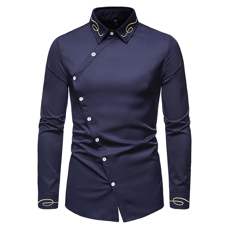 New 2023 Fashion Spring Autumn Casual Irregular Oblique Button Embroidery Men Long Sleeve Shirt Gentleman Evening Dress Shirts