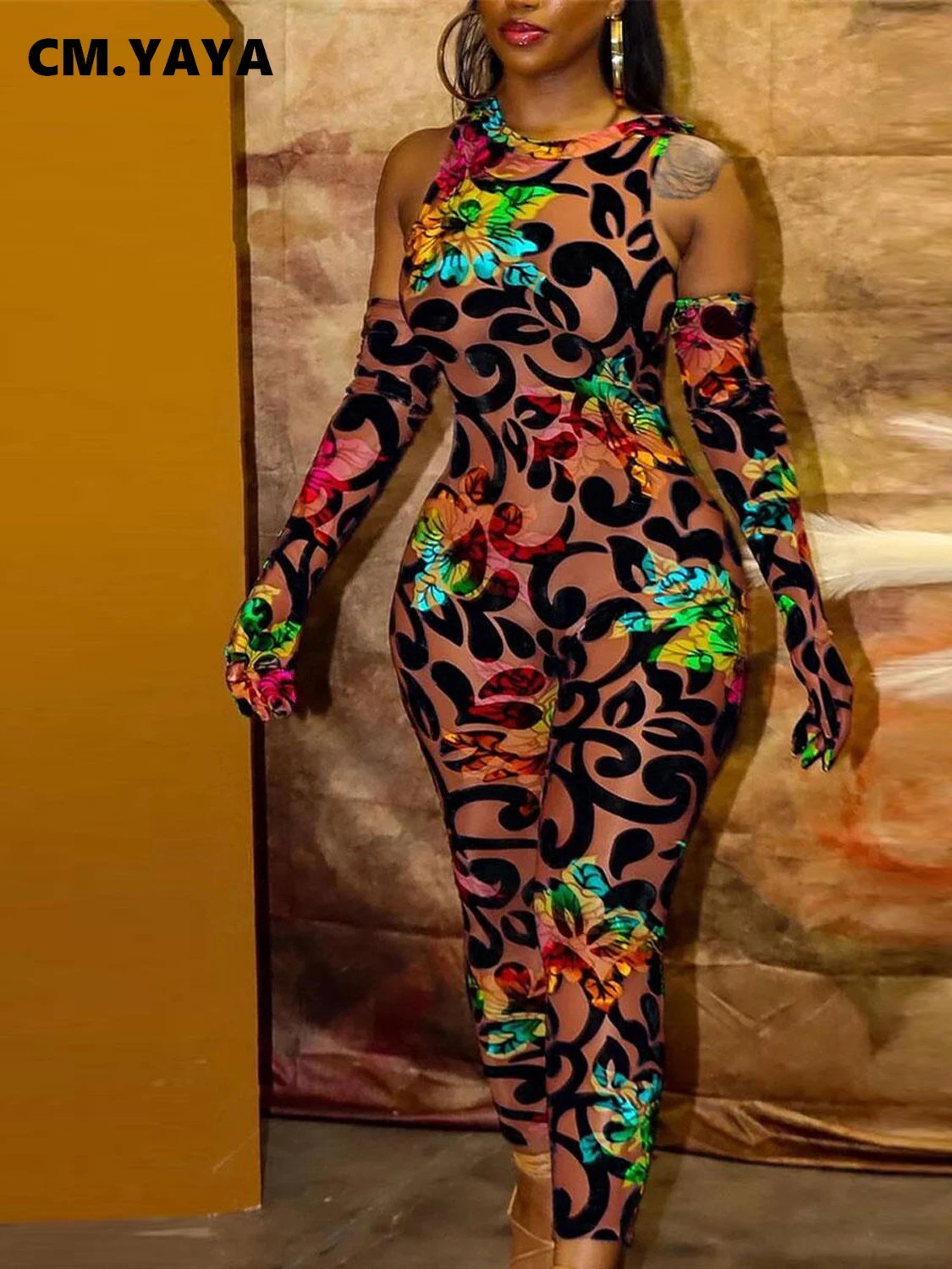 Cm.yaya Women Floral Bodycon Skinny Stretch Oversleeve Jumpsuit 2023