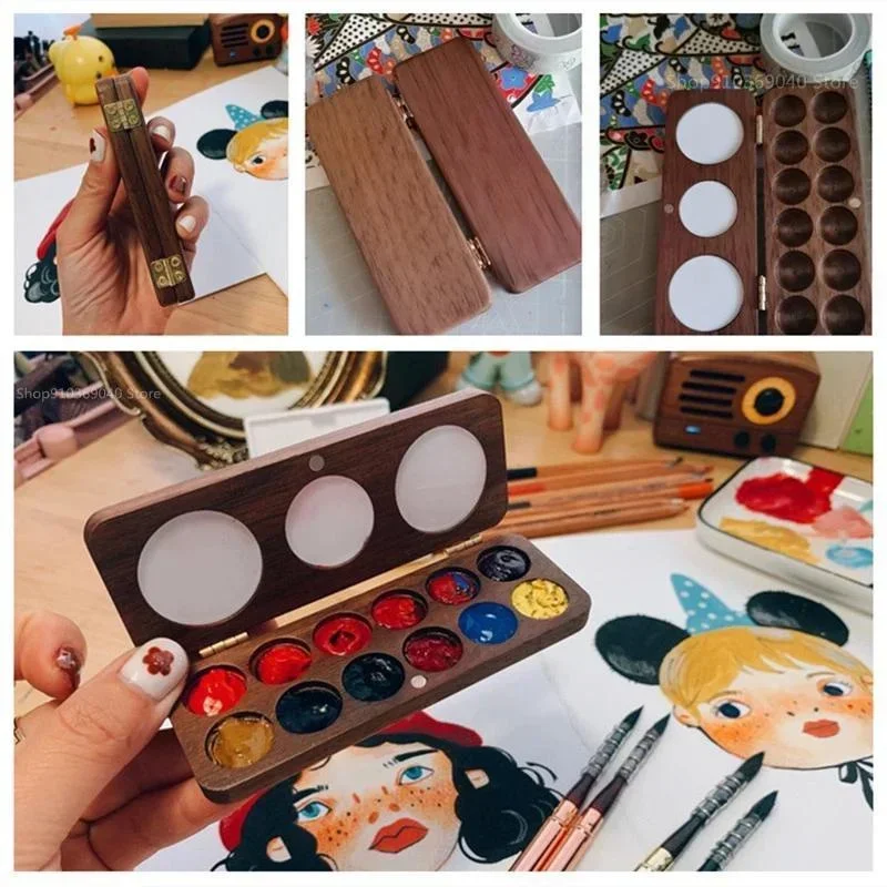 Wooden Handmade Watercolor Paint Palette Portable Empty Magnetic Suction Box for Artist Travel Sketch Painting School Supplies color palette watercolor palette
