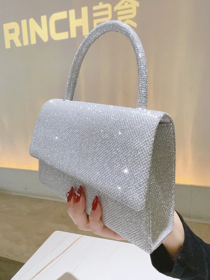 s For Women Silver Evening Bag Glitter Party Clutches Handle