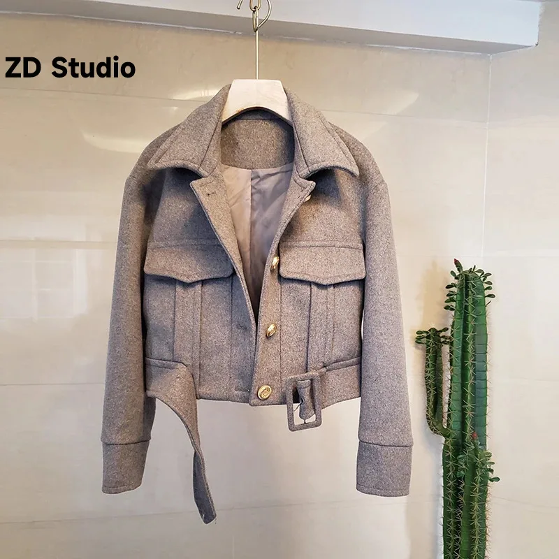 

[ZD Studio] 2023 Autumn/Winter New Short Versatile Double Pocket Lapel Short Fleece Jacket Coat For Women