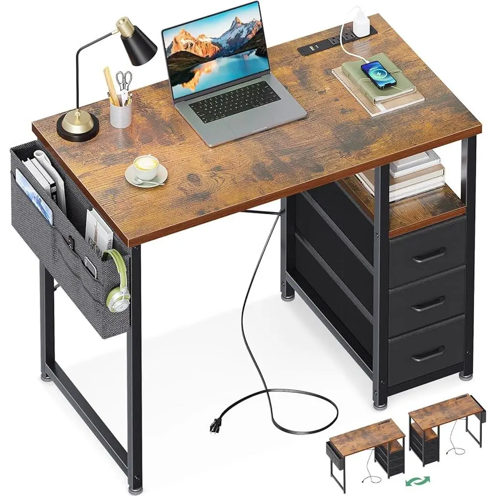 Small Computer Desk with Power Outlets and Storage Drawers Home Office Study Room Kids Bedroom 2