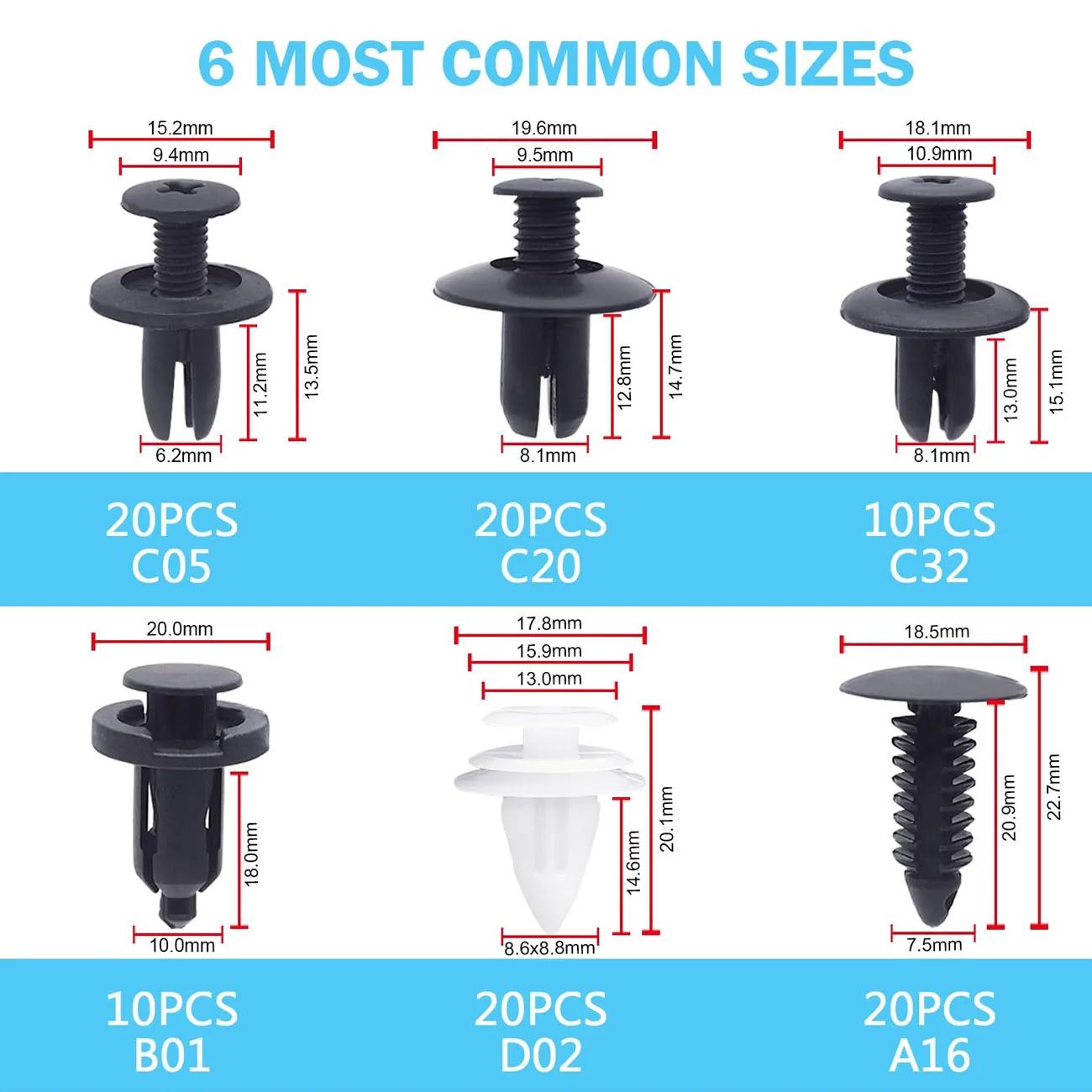 100Pcs Bumper Retainer Clips Car Clips Plastic Rivets Fasteners Push Retainer Kit Most Popular 6 Sizes Auto Push Pin Rivets Set