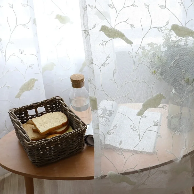 American 3D Birds and Branch Embroidery Sheer Curtains White Cotton and Linen Translucent Tulle For Living Room Bedroom Custom