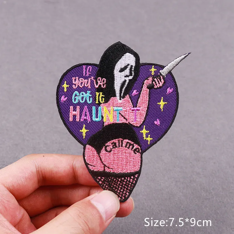 Gestickte Patch Horrorfilm Patches auf Kleidung Schädel Kleidung Thermo kleber Patches DIY Hippie Kleidung Aufkleber Zubehör – Detail 2