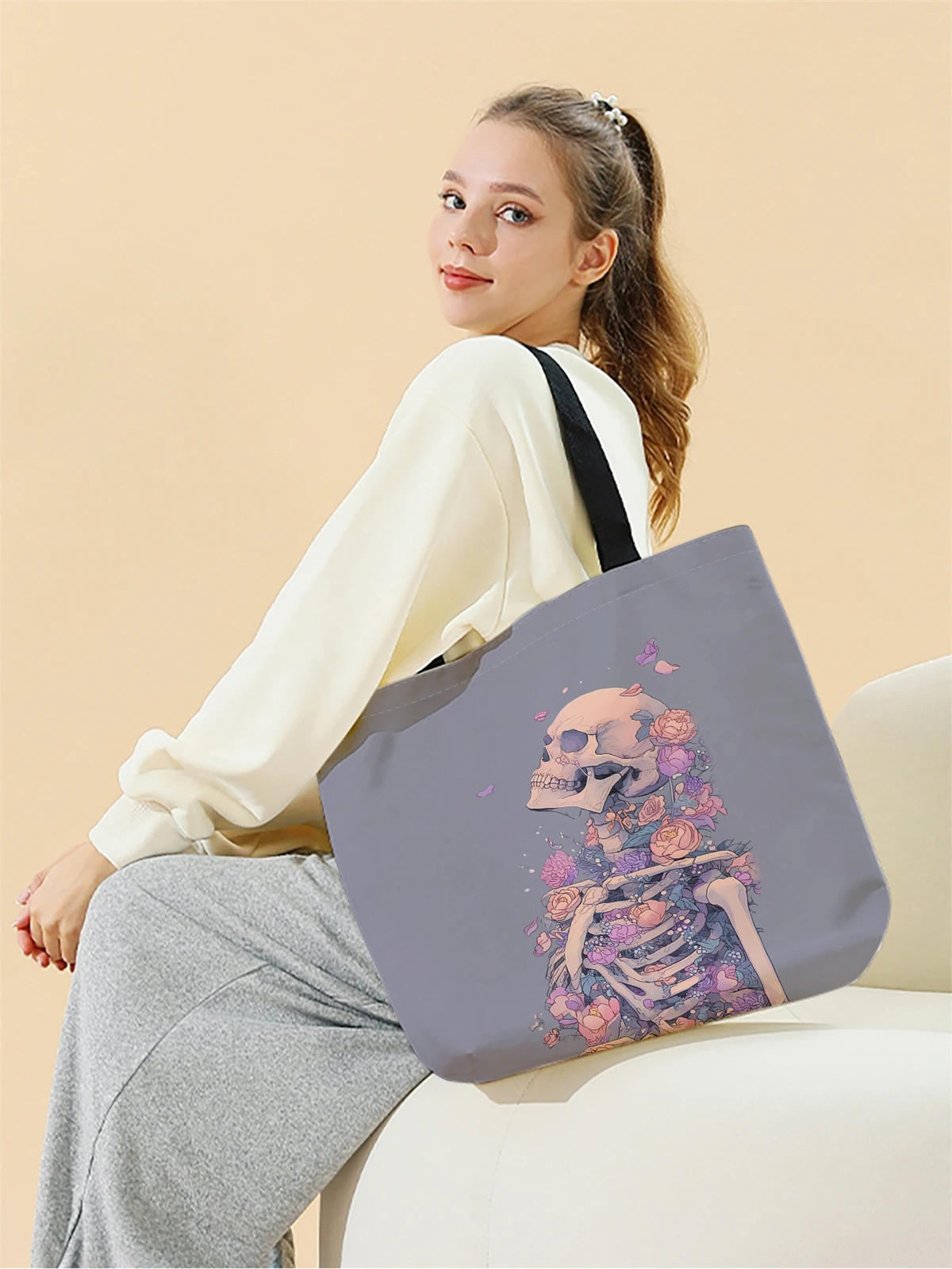 1pc,flower skull handbag, reusable fashionable handbag, multifunctional handbag, printed canvas shopping bag