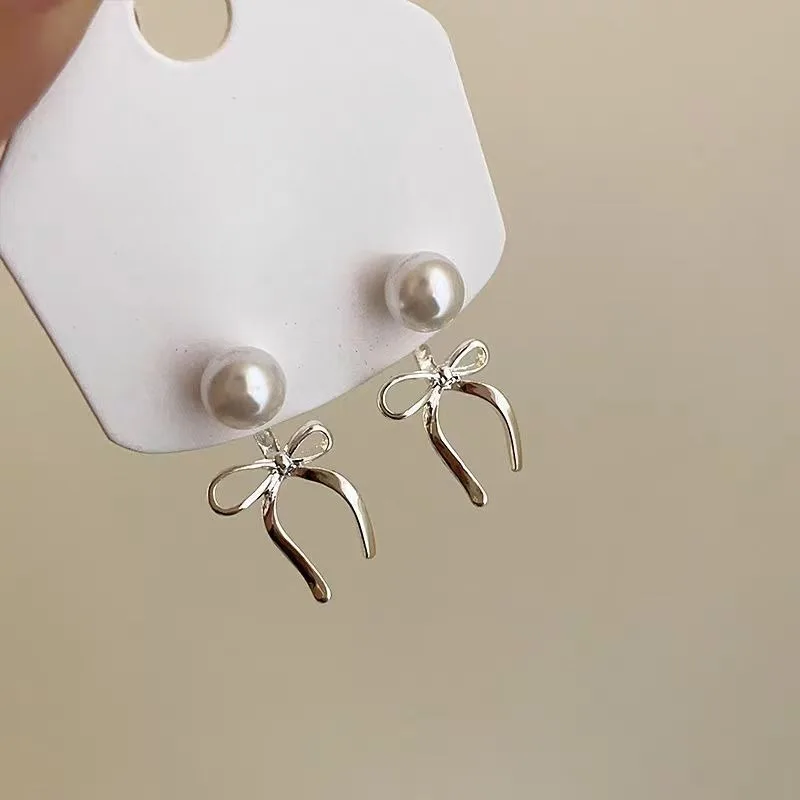 New Sweet Cute Bow Knot Stud Earrings for Women Girls Silver Color Simple Minimalist Ear Clip Aesthetic Jewelry Gift