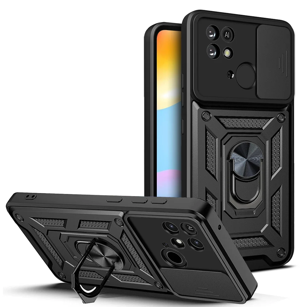 Cover Militare Con Anello E Protezione Fotocamera Per Xiaomi Redmi 10 - Custodia Antiurto Rossa Con 2 Pellicole