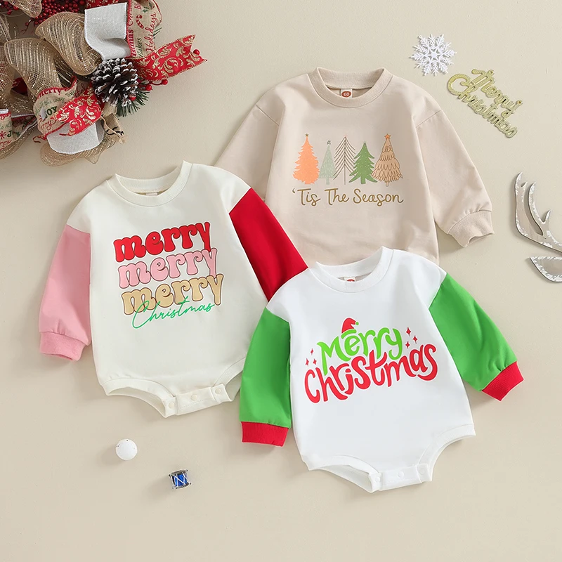 

2023-09-13 Lioraitiin 0-18M Newborn Baby Boys Girls Clothes Christmas Rompers Letter Patchwork Long Sleeve Sweatshirts Jumpsuits