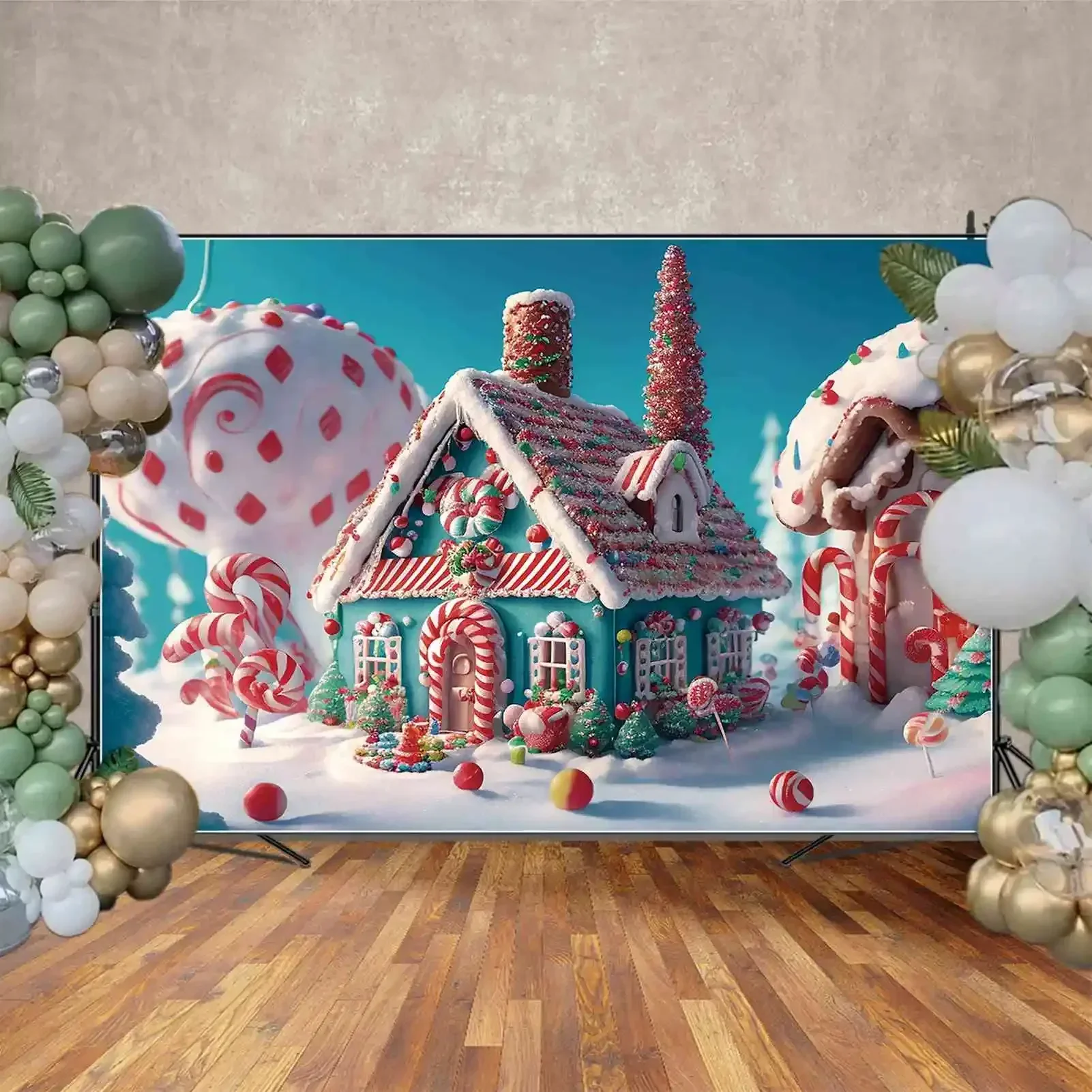 Gingerbread House Backdrop Cabine Infantil Home Fotografia Props Neve Fundo Red Glitter Tree Candy Decoration Moon.qg-natal - Image 4