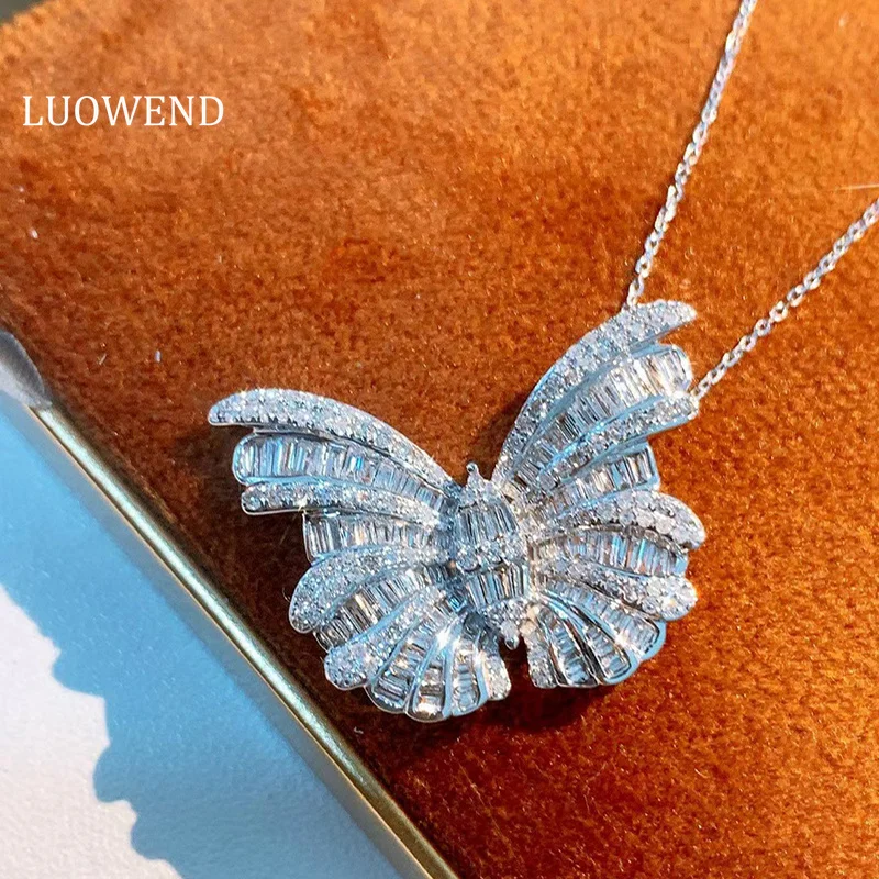 LUOWEND-18K 화이트 골드 목걸이, 진짜 천연 다이아몬드 펜던트, 여성 럭셔리 약혼 목걸이, 나비 모양