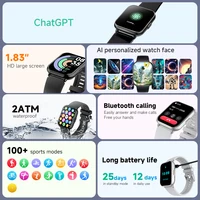 KUMI M2 Smart Watch 1.83" HD Screen ChatGPT 100+ AI Watch Faces Bluetooth Calling 100+ Sports Modes Health Monitoring 2ATM 2