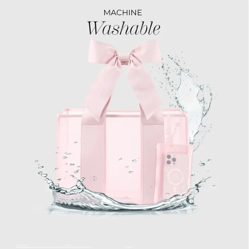 Canvas Tote Bag Summer Clear Pink Beach Bag Women Large Capacity 0.8MM PVC Handbag Bubble Soap Tote Bag with Bow