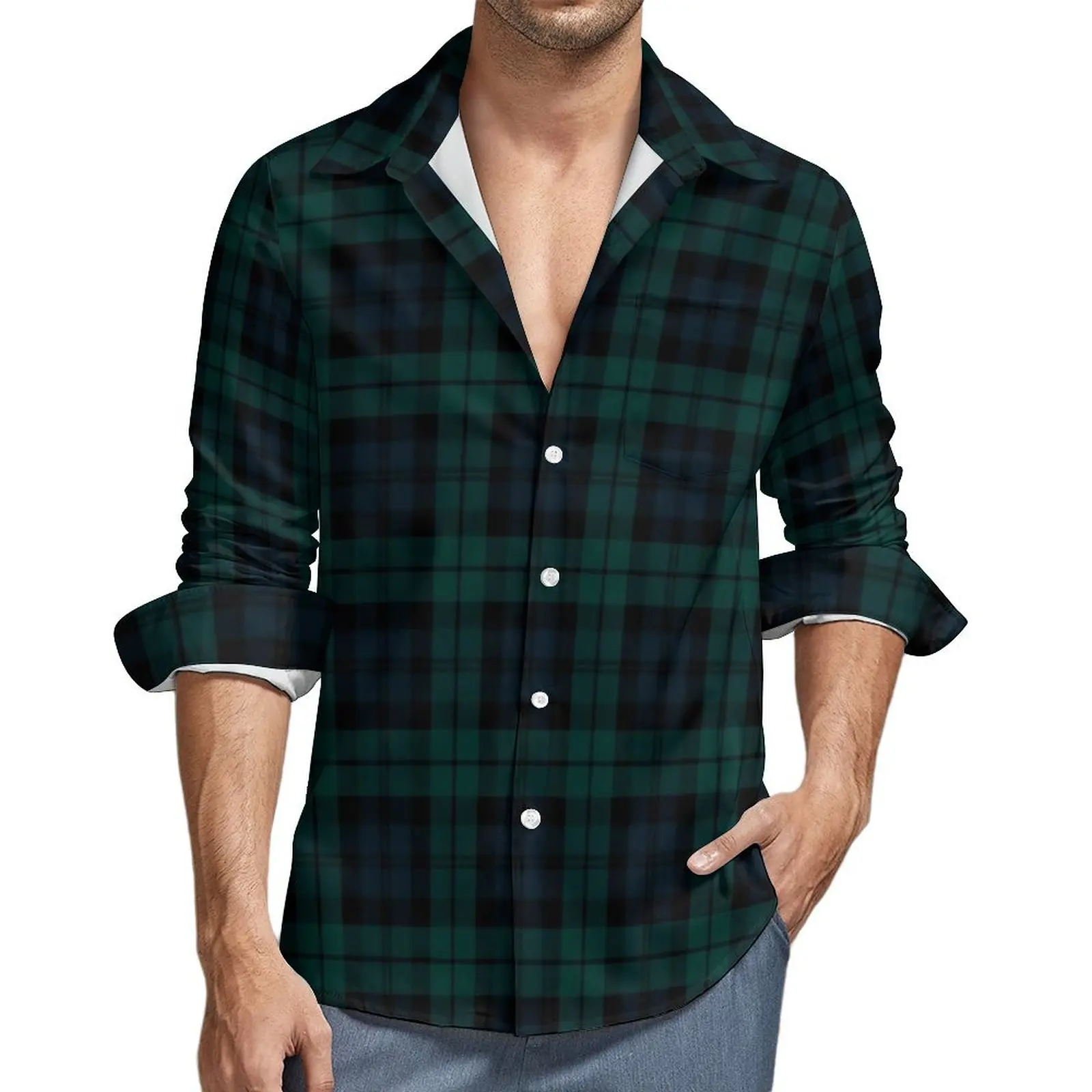 

Black Green Plaid Shirt Spring Vintage Lines Casual Shirts Mens Trendy Blouses Long Sleeve Graphic Harajuku Tops Plus Size