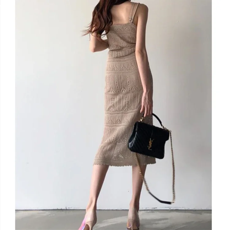 Korean Summer Two Piece Set Women Sexy Hollow Out Knitted Vest Matching Long Skirt High Waist Elegant Slim Fit Suits Female