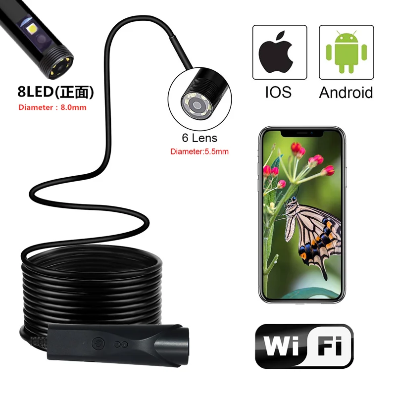 2MP 1080P 8mm  Dual Lens WIFI Endoscope Water-proof IP66 CMOS Borescope Inspection Digital Microscope Camera Otoscope