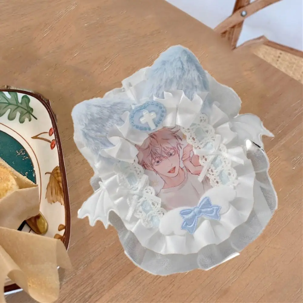 Ins Style Cartoon Plush Card Holder Lace Cat Ear Photo Protector Case Angel Wings Cute Star Chasing Pendant Keychain Student