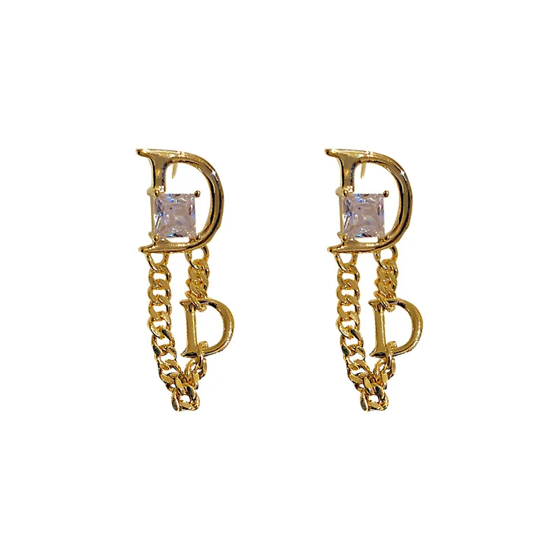 South Korea Design Jewelry Chain Tassel Letter D Square Zircon dangle earrings drop earrings crystal tassel earrings Women's Party Gift Accessories