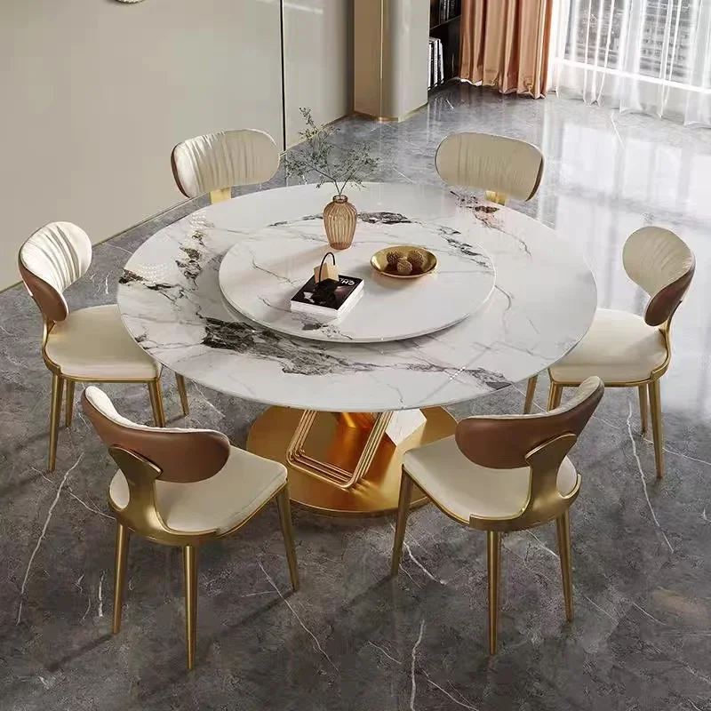 

Luxury Round Table And Chair Set Designer Stainless Steel Frame Dining Room Kitchen Furniture Tables With 360°Rotating Turntable