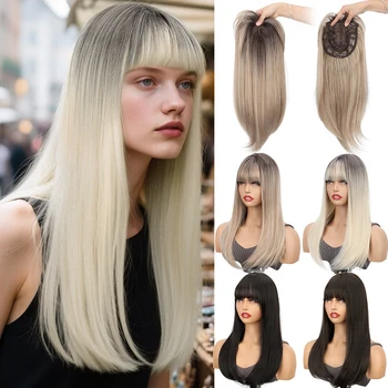Topper sintetico per capelli lisci da 50 cm | Parte superiore della copertura della testa con clip | Estensioni clip-in giornaliere ultraleggere e traspiranti