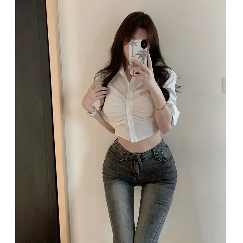 Sexy Cropped Tops Fashion Blouses for Women Folds Tunic Long Sleeve Casual Shirts Korean New Y2K Blue White T-Shirts