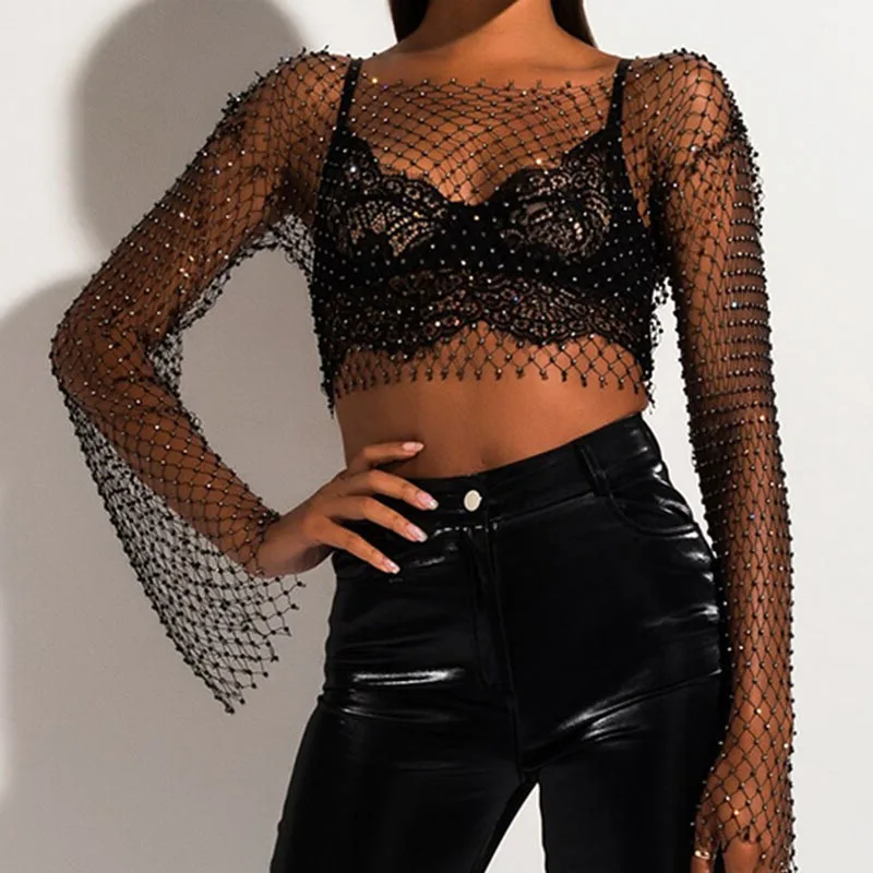 

Bling Crystal Hollow Out Fishnet Grid T Shirt Full Sleeve O Neck Loose Women Tees Luxury Diamonds Cover Up Beachwear T Shirts