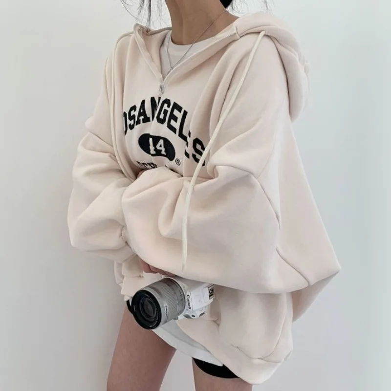 

Women Kpop Loose Hooded Sweatshirts Half Zipper Pullover Long Sleeve Top Korean Harajuku Vintage Letter Printed Baggy Hoodies