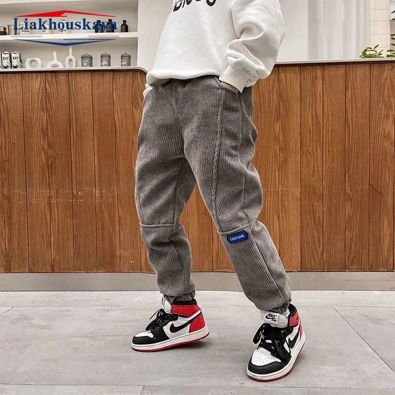 

Boys Corduroy Pants Korean Fashion Spring Kids Casual Long Pants For Children Teenage Boy Gray Black Trousers For 110-170cm