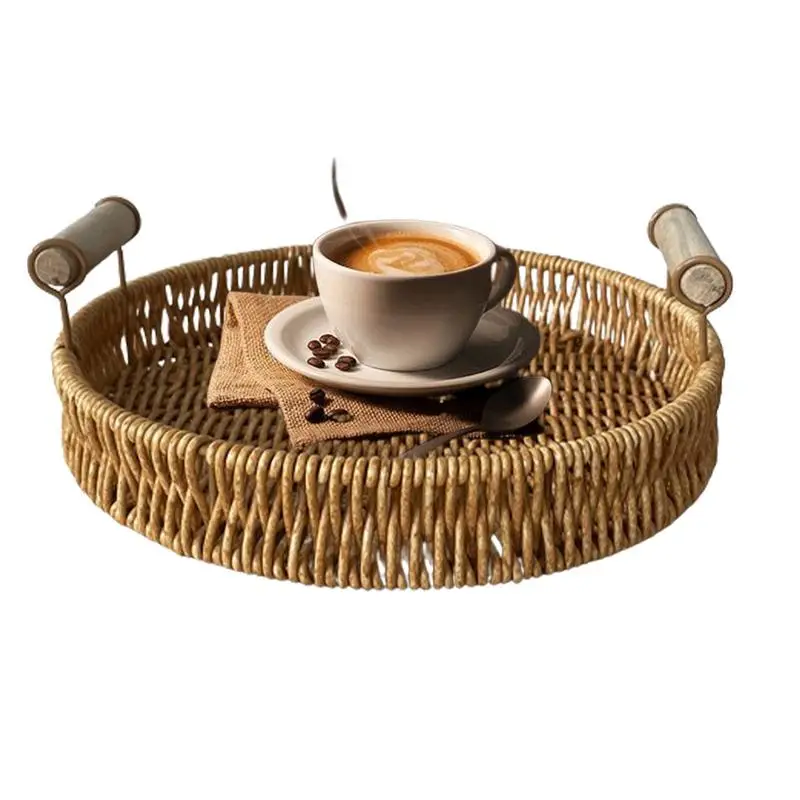 

Round Shape With Handle Breakfast Bread Food Plate Fruit Cake Wicker Basket Handwoven Rattan Storage Tray Dinner Serving Tray