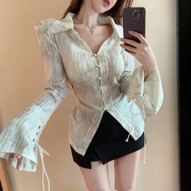 

DUOFAN Slim Fitting Lace Up Design Shirts Women French High-end Waistband Button Up Blouses Autumn Sexy Tops Long Sleeve Blusas