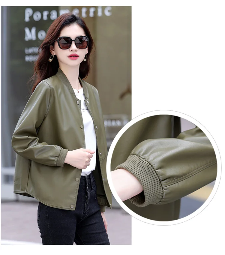 New Women Casual Leather Jacket Spring Autumn Fashion Patchwork V-Neck Single Breasted Loose Short Outerwear Split Leather