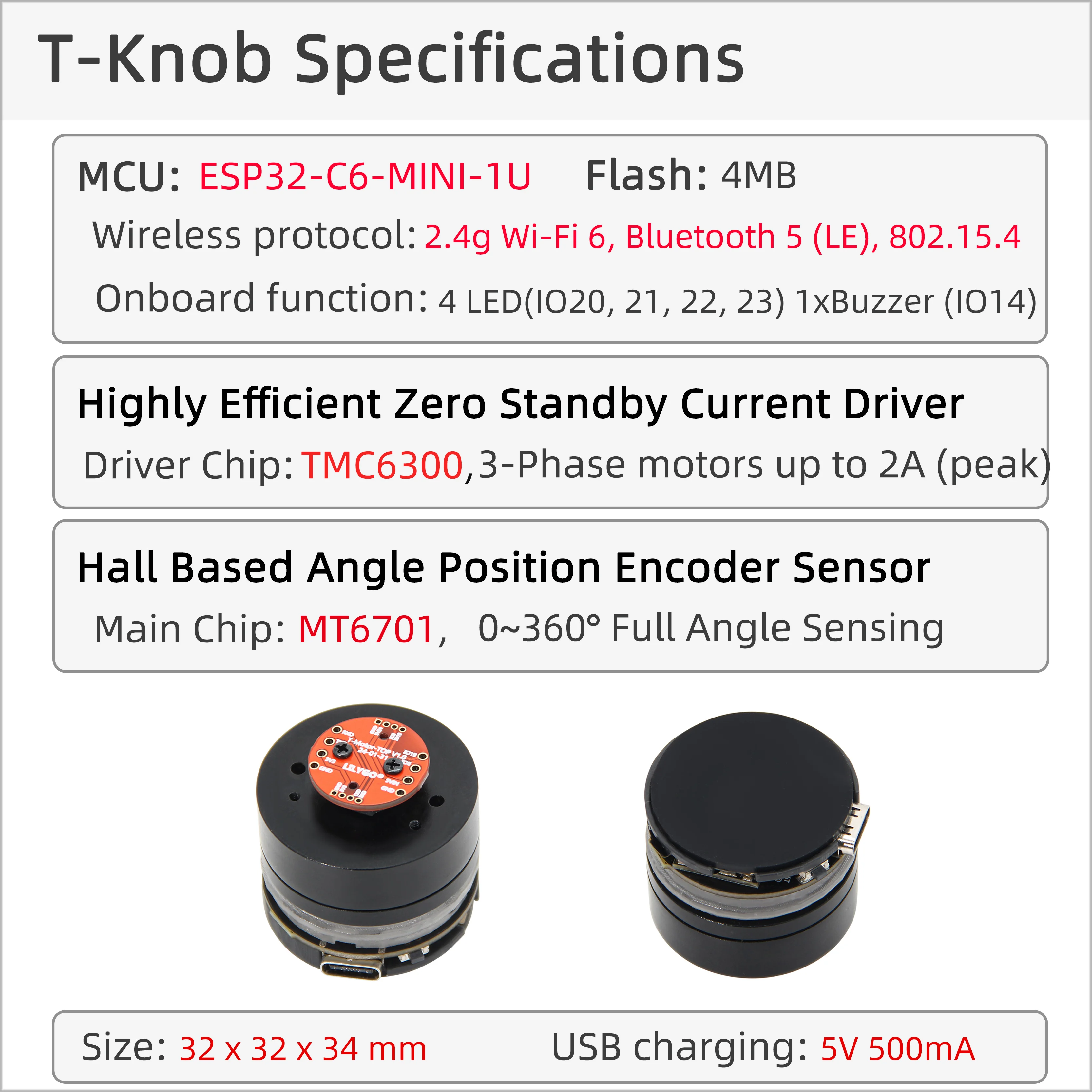 ® T-Knob ESP32-C6-MINI-1U Highly Efficient Zero Standby Current Driver Hall Base