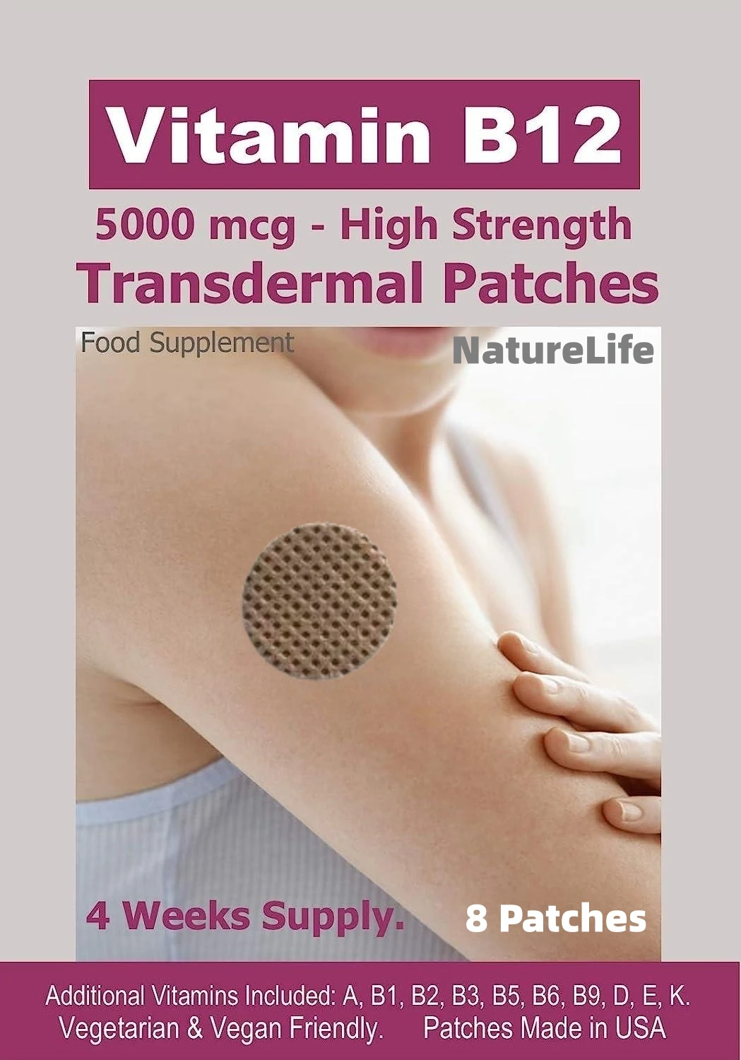 Vitamin B12-5000mcg (High Strength) Plus Additional Vitamins-Transdermal Patches. Patches Made in USA. 8 Weeks Supply.
