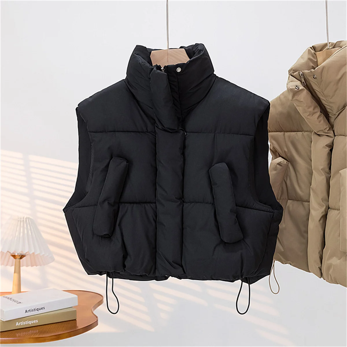 Autumn Winter Women's Short Cotton Down Vest Short Stand-up Collar Warm Sleeveless Quilted Vest Outdoor Jacket Tops Outwear