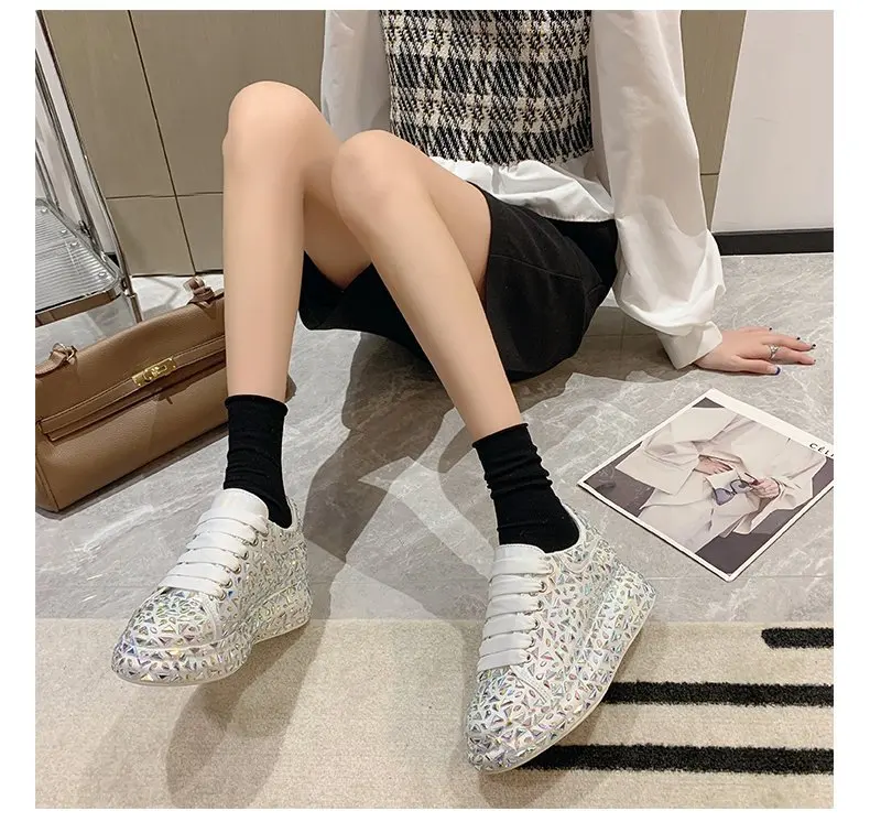 Women Crystal Sneakers Fashion Thick Soled Anti-skid Casual High Pink Silver  Shoes Spring New Crystal Tennis Shoes Size 35-40 - AliExpress