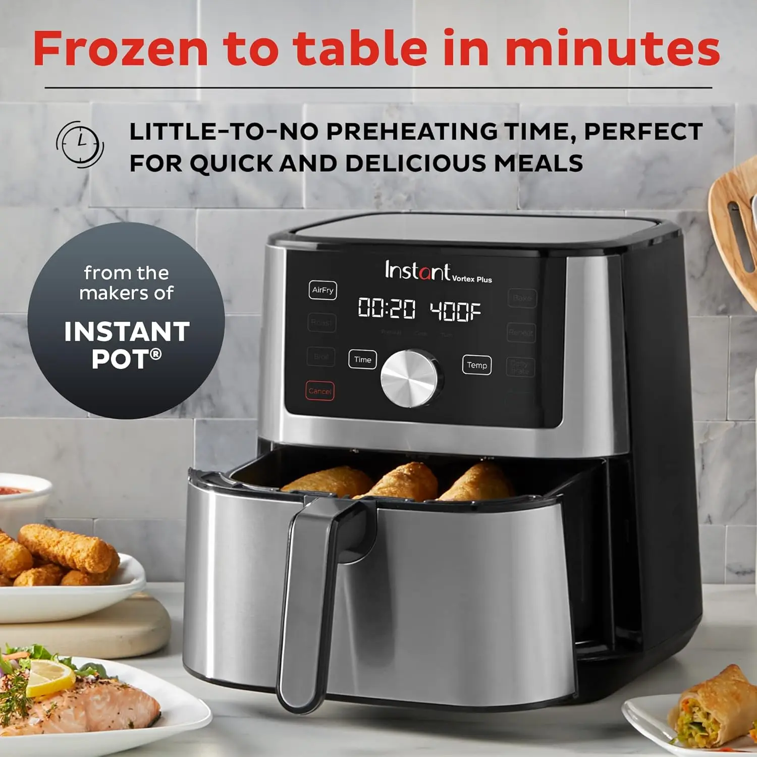 Vortex Plus 4QT Air Fryer Program Options 6-in-1 Functions Crisps Broils Roasts Dehydrates Bakes Reheats