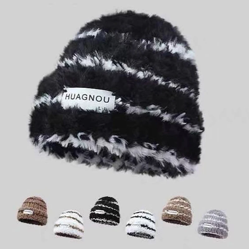 

Women Winter Warm Striped Knit Cap Street Trend Casual Hip-hop Ear Protection Hats Outdoor Skiing Riding Hiking Soft Wool Beanie