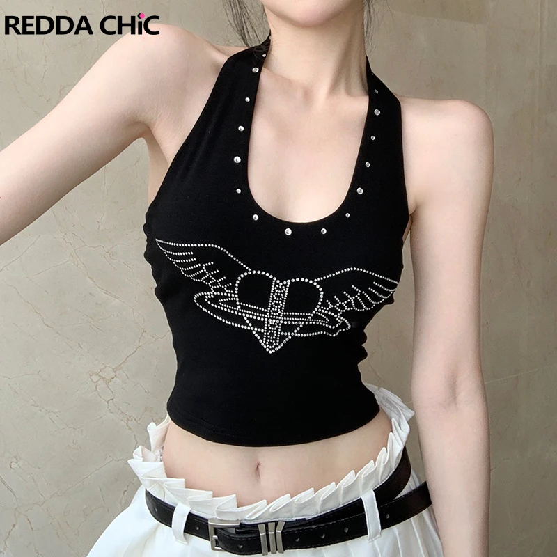 

ReddaChic Rhinestone Heart Studded Halter Top for Women Black Open Back Sleeveless Sling Vest Summer New Retro Y2k Undershirt