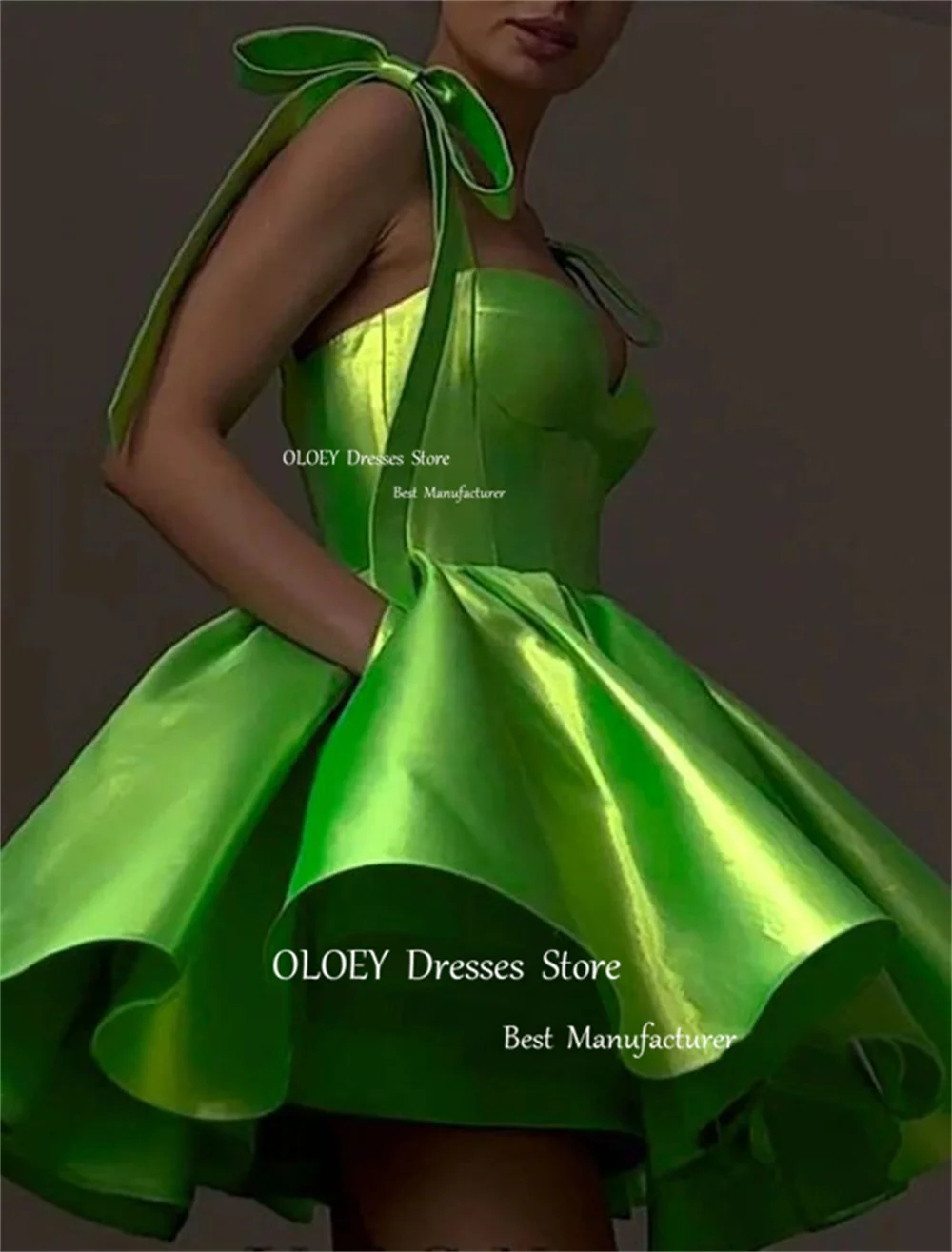 Evening dresses Cocktail dress OLOEY Sexy Sweetheart Mini Prom Cocktail Dresses Ribbon Bow Sleeves Pleated Satin Evening Dress Wedding Party Dress
