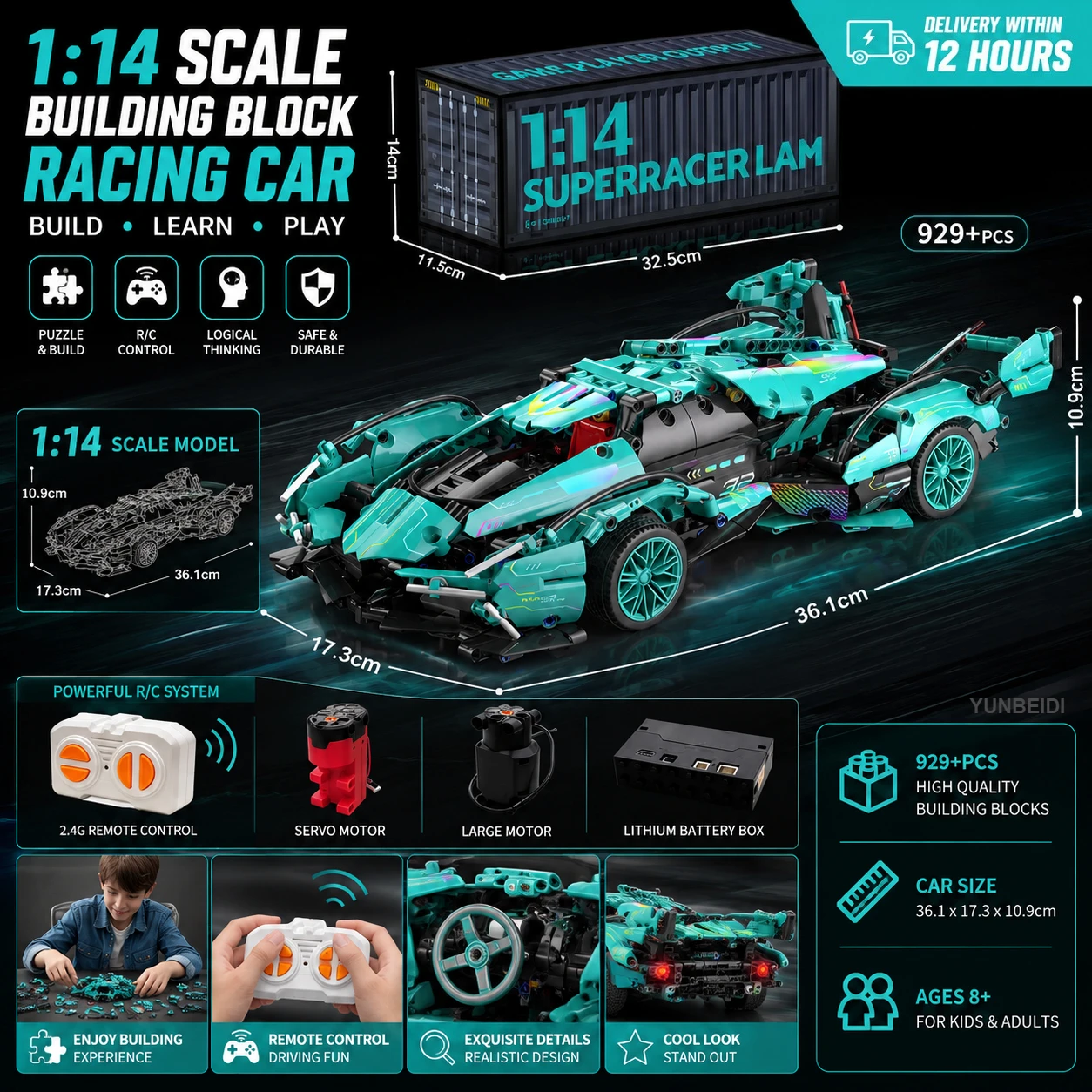 1:14 Building Block Sports Car Puzzle Assembly Static Model and Dynamic RC Racing Kit 6