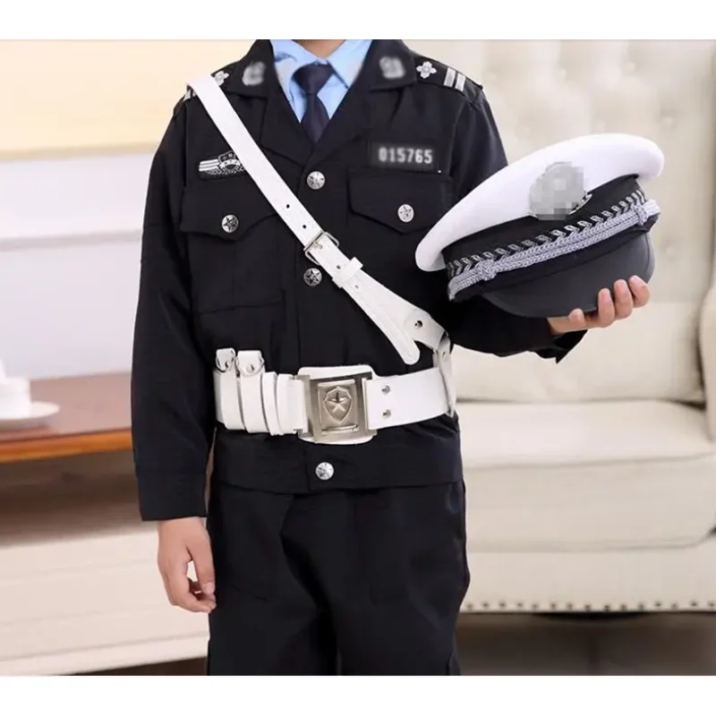 Police Uniform Boy Performance Clothing Include Jacket Pant Belt Hat Traffic Cosplay Suit Spring