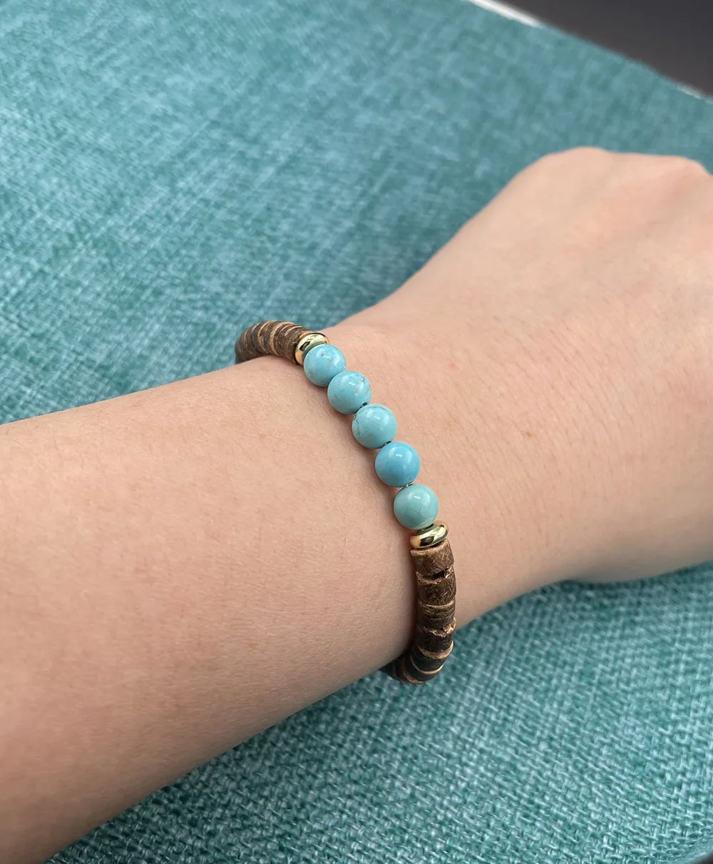 CoconutBeadedTurquoiseBraceletBeadedBraceletforMenandWomenFoldingWoodElastic