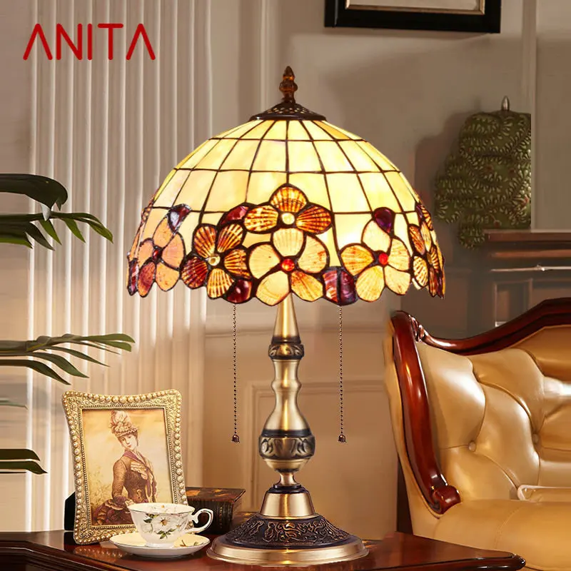 

ANITA Modern Brass Tiffany Table Lamp LED European Retro Luxury Creative Shell Desk Light for Home Living Room Bedroom