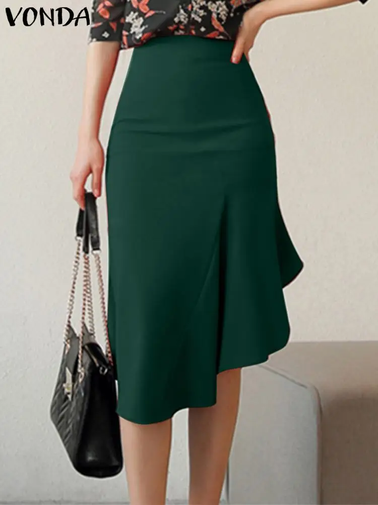 

Fashion Women Long Skirts 2023 VONDA Elegant Party Skirt High Waist Casual Solid Color Pleated Zipper Loose Vintage Midi Bottoms