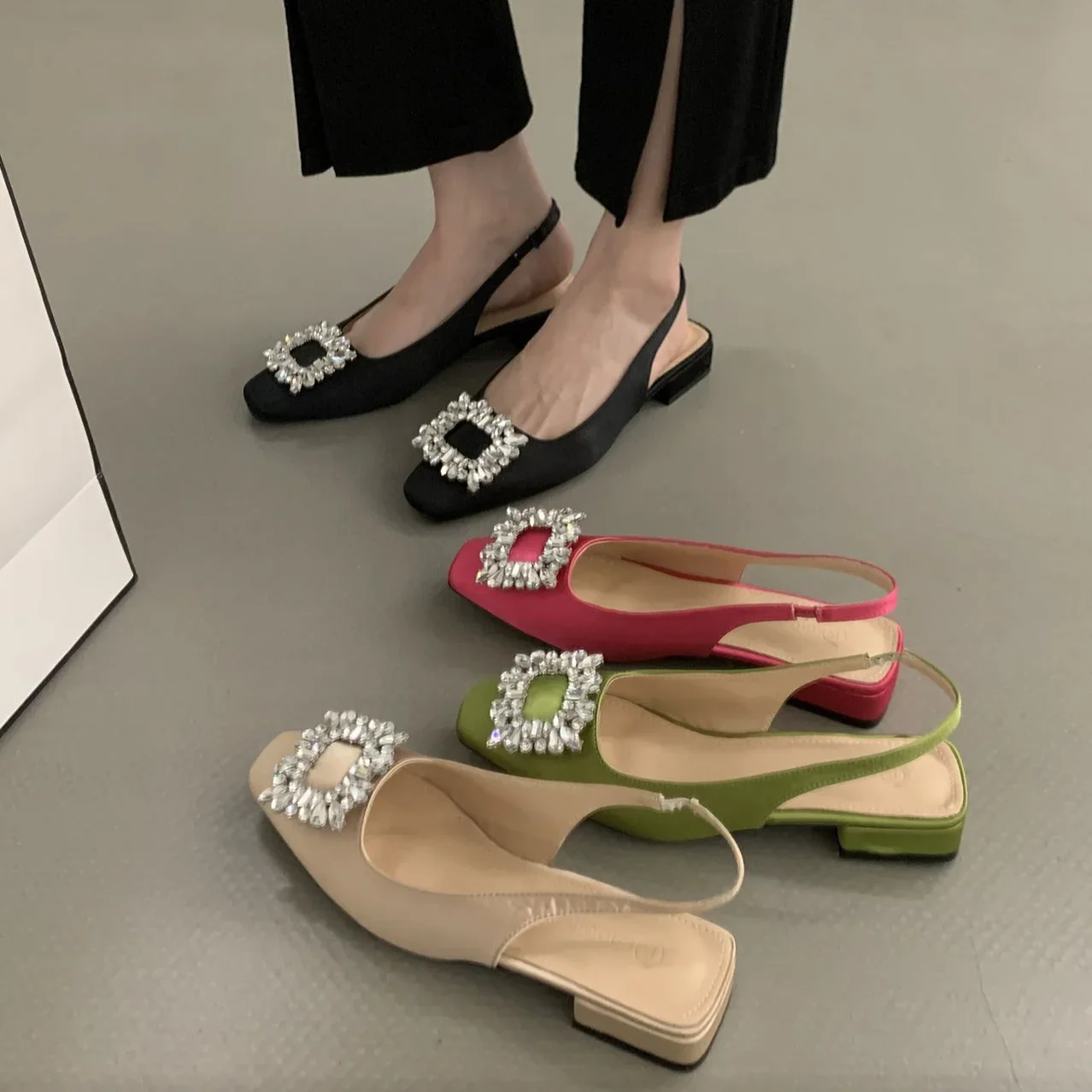 Rhinestone Women's Pumps Pointed Toe Slingback Thin-heeled Female Sandals New Fashion Crystal Shallow Mouth Ladies Shoes