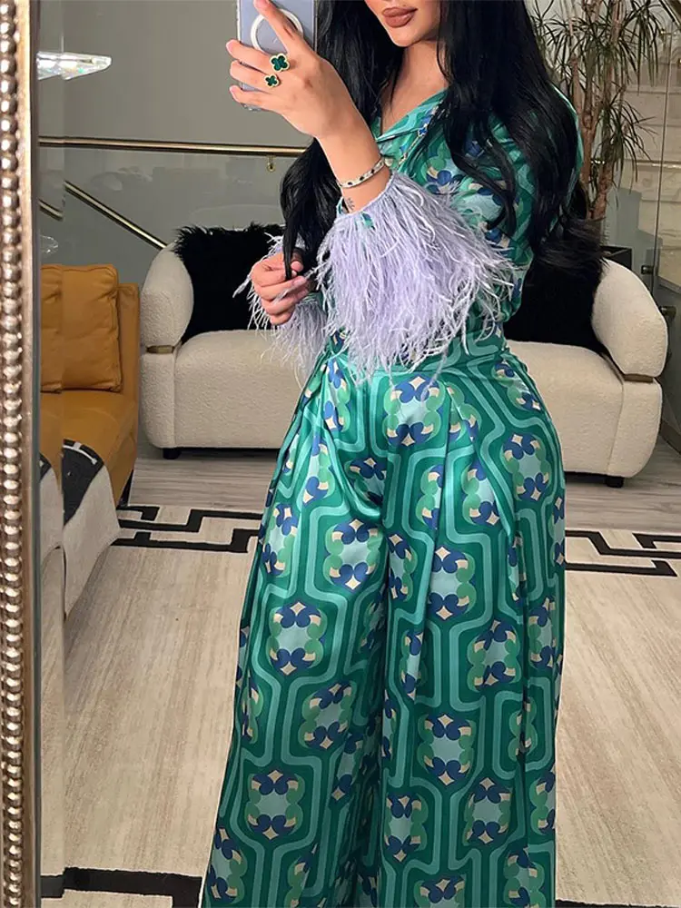 2022 Outfits Women Floral Print Cuff Feathers Blouses Wide Leg Pants Suits With Vintage Button Up Shirts Female Trousers Sets