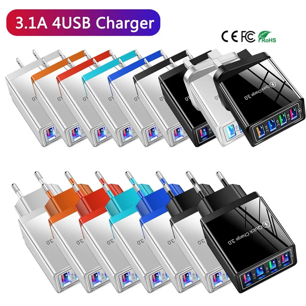 

USB Charging Adapter 5V 3A 10W Colorful 4 USB Port 100V-240V USA EU UK Plug CE ROHS FCC Power Supply Converter for Phone Tablet