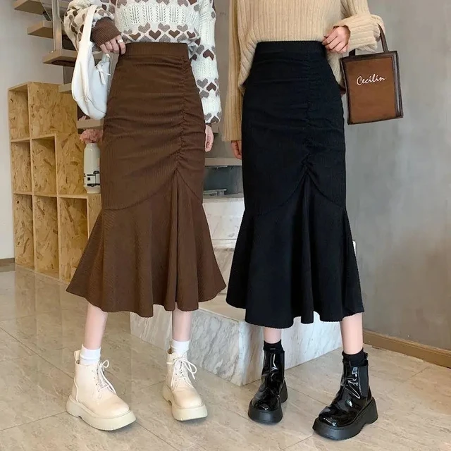 Zoki Women Ruffles Corduroy Midi Skirts Autumn High Waist